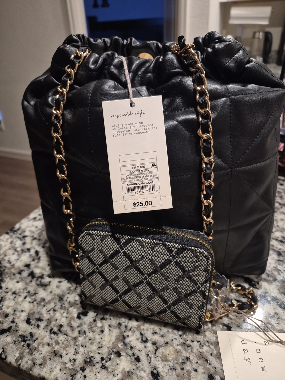 Quilted Drawstring Shoulder Bag with Chain Strap An Wallet - Black